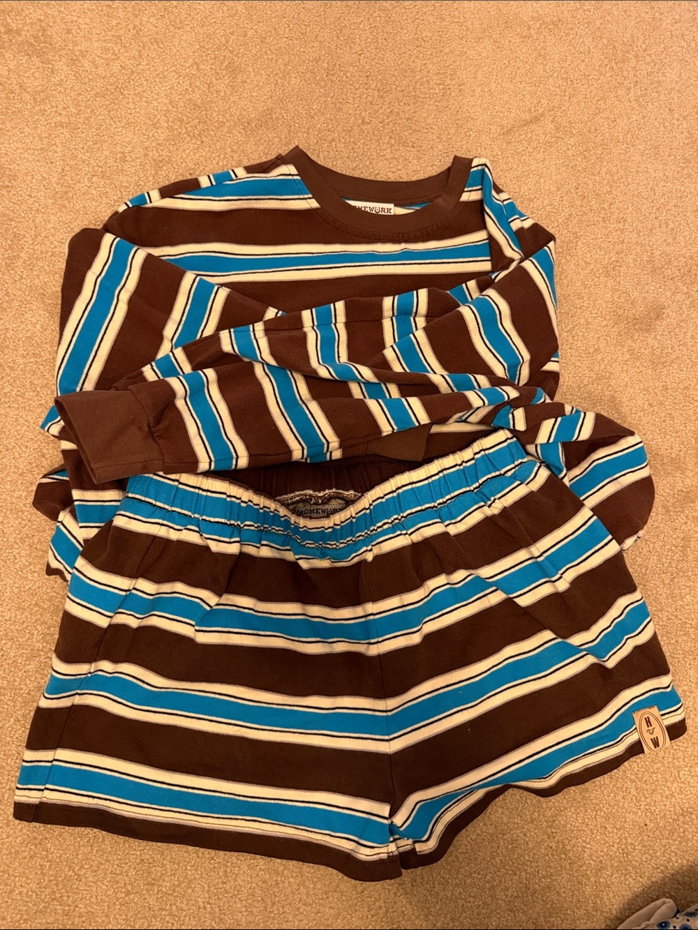 Striped Brown & Blue Women's Pajama Set - Cozy Long Sleeve Top & Shorts